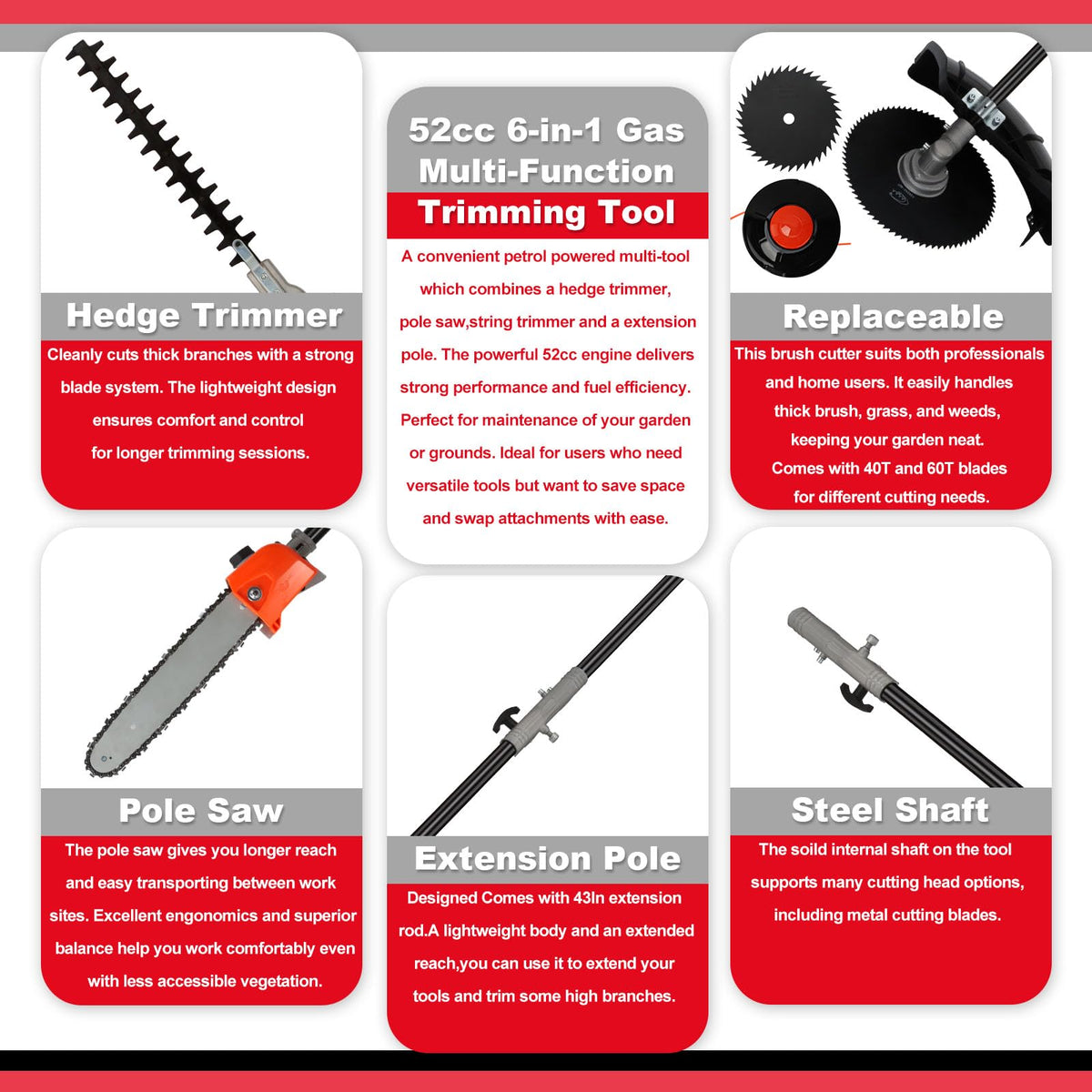 6-in-1 Gas Weed Wacker with Hedge Trimmer, 52CC 2-Stroke String Trimmer/Weed Trimmer/Brush Cutter/Edger, Weed Eater Gas Powered with Extension Pole C