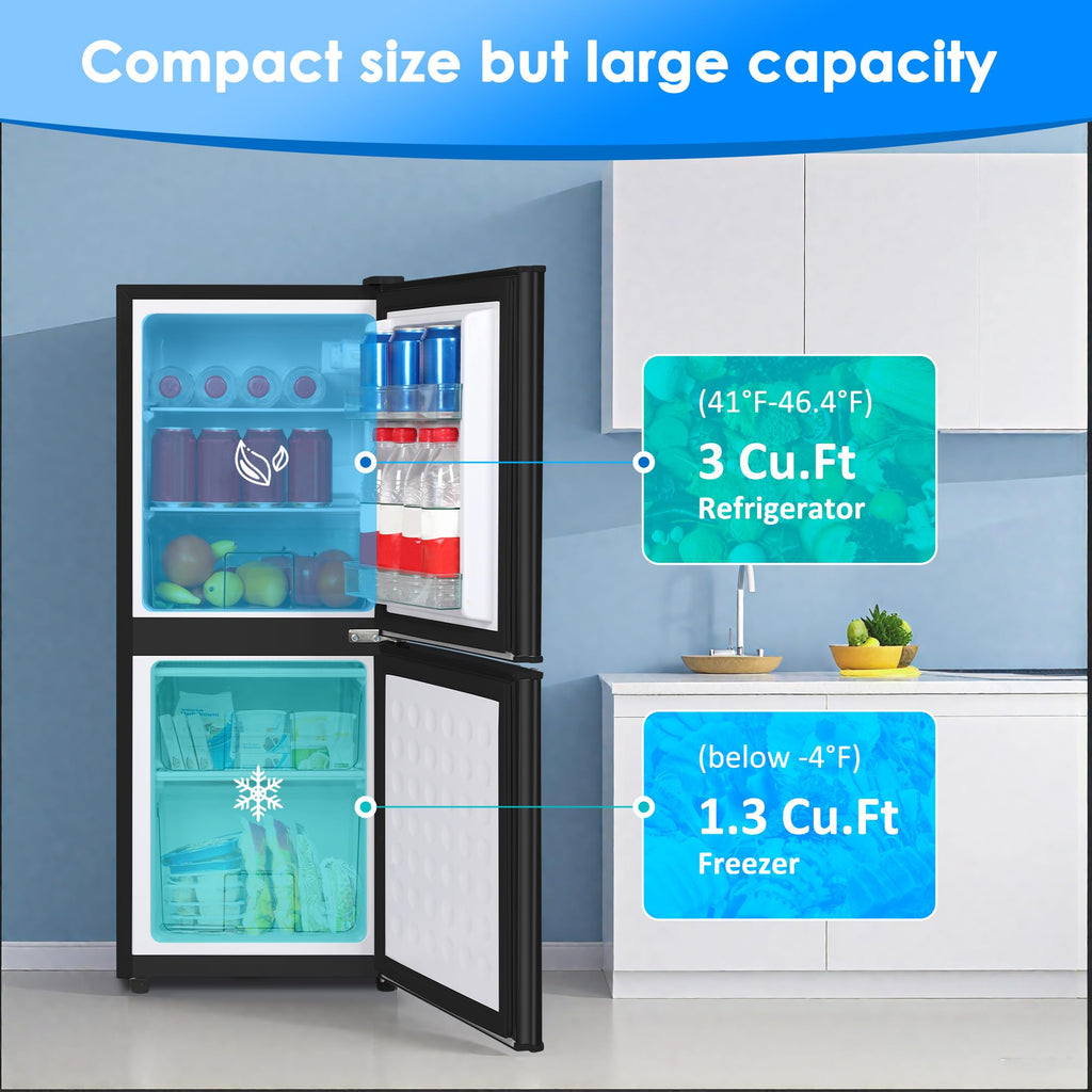 3.3 Cu. Ft. Mini Fridge with Freezer, Compact Refrigerator with Adjustable 7-Level Thermostat, Dorm Fridge for Kichen, RV, Office, Apartment, Black