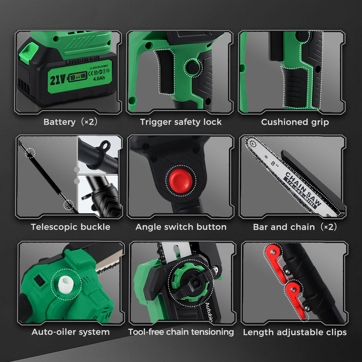 2-in-1 Cordless Pole Saw & 8'' Mini Chainsaw,Forest Ranger Approved Electric Handheld Chain Saw with 2 21V 4.0Ah Rechargeable Batterie&Charger, Auto