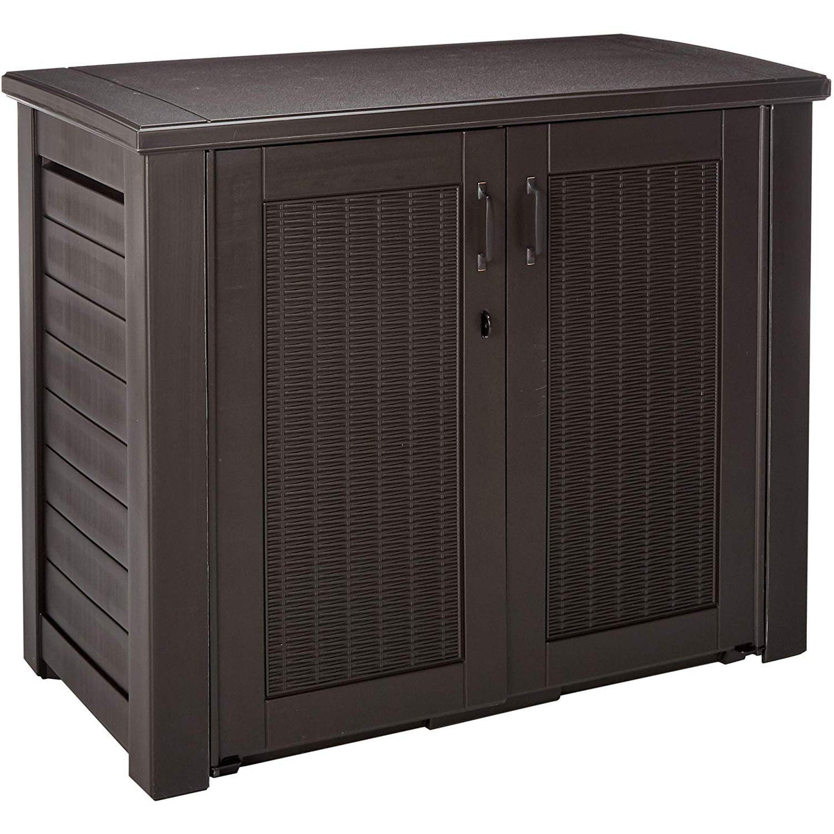 Rubbermaid Decorative Outdoor Storage Cabinet (123 Gal), Weather Resistant, Brown, Organization for Home/Backyard/Pool Chemicals/Toys/Garden Tools
