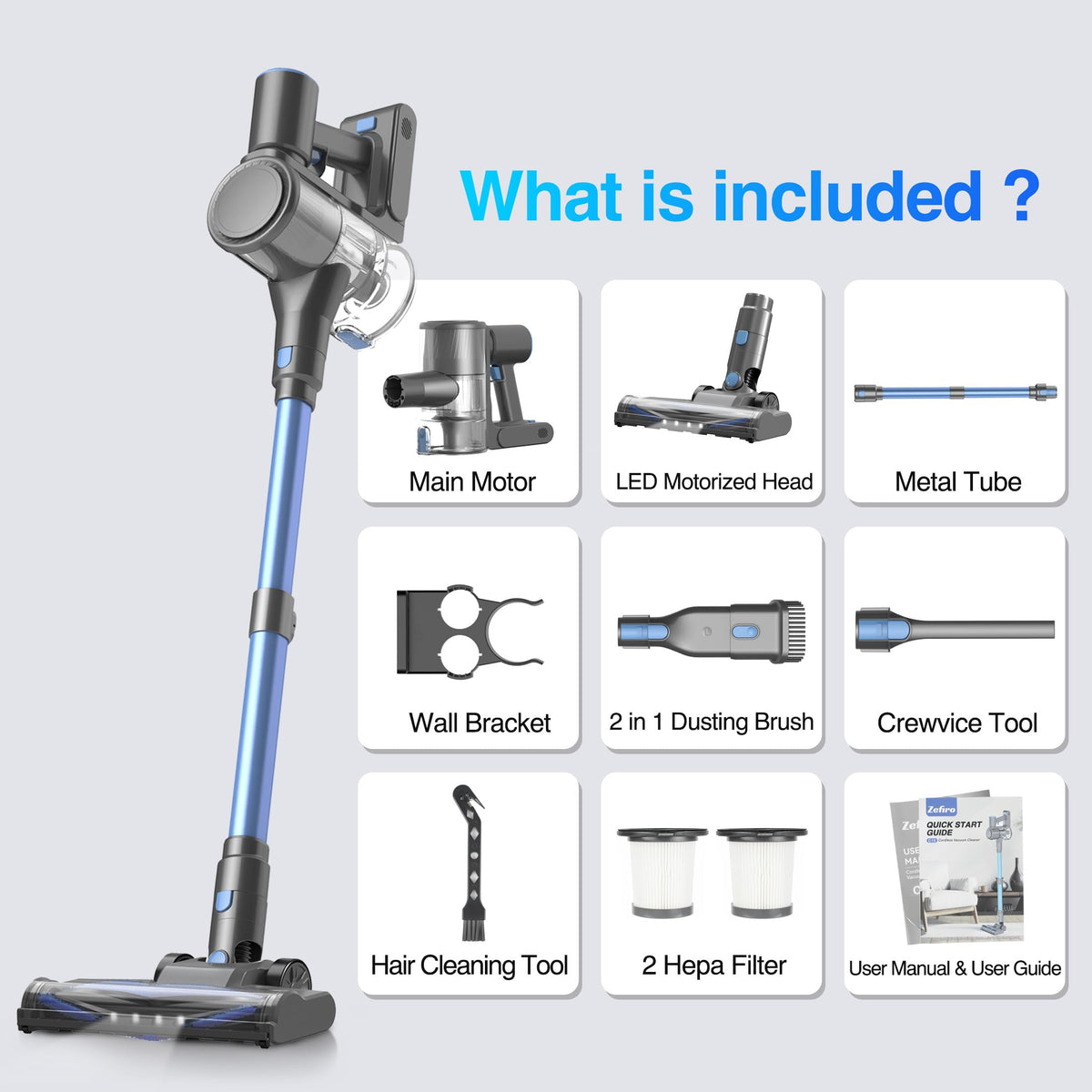 Zefiro Cordless Vacuum Cleaner for Home,45Mins Runtime Stick Vacuum Cleaners, Anti-Tangle and 1.5L Dust Cup, Lightweight Vacuum for Hardwood Floor