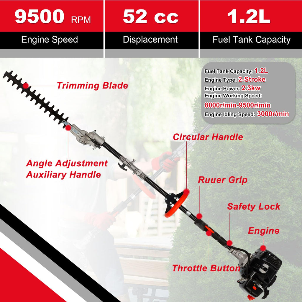 6-in-1 Gas Weed Wacker with Hedge Trimmer, 52CC 2-Stroke String Trimmer/Weed Trimmer/Brush Cutter/Edger, Weed Eater Gas Powered with Extension Pole C