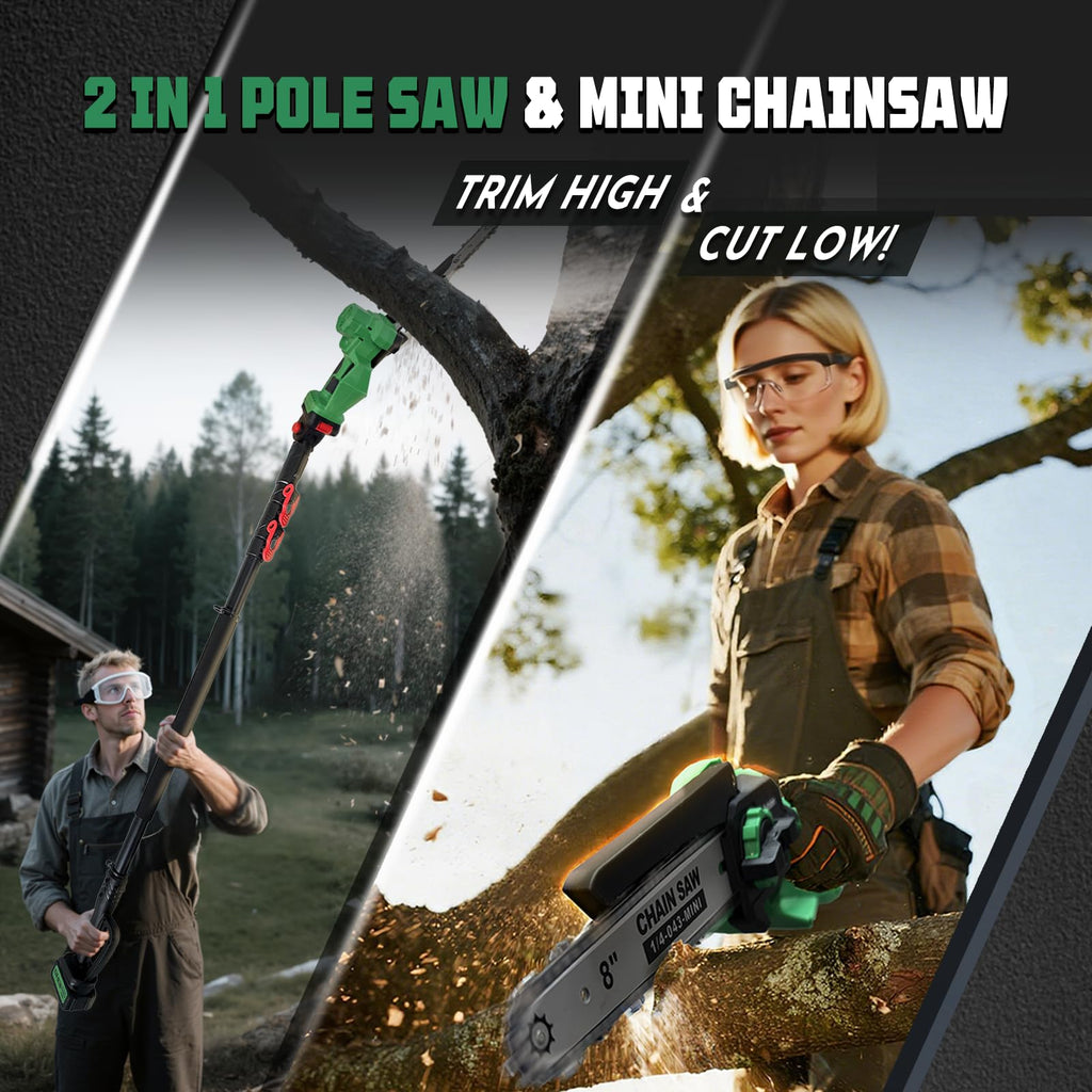 2-in-1 Cordless Pole Saw & 8'' Mini Chainsaw,Forest Ranger Approved Electric Handheld Chain Saw with 2 21V 4.0Ah Rechargeable Batterie&Charger, Auto