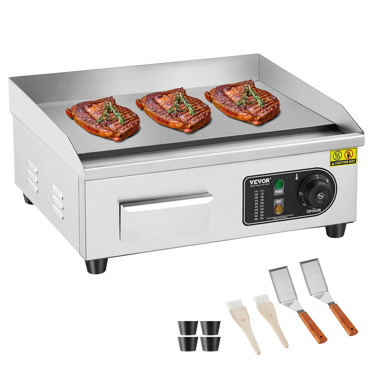 VEVOR Upgraded Commercial Electric Griddle, 2800W Stainless Steel Countertop Flat Top Grill, 26'' Griddle Grill with 2 Shovels and 2 Brushes, 122H