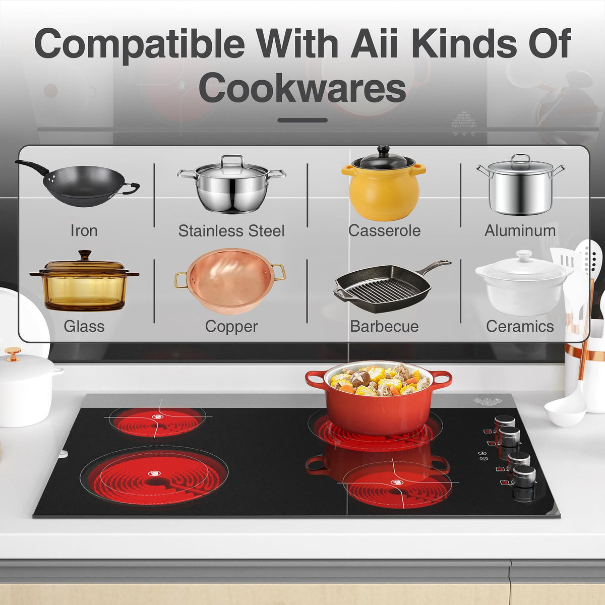 4 Burner Electric Cooktop,7200W Built-in & Countertop 4 Burner Electric Stove Top with 9 Power Levels, Child Safety Lock & 99mins Timer, 30 inch