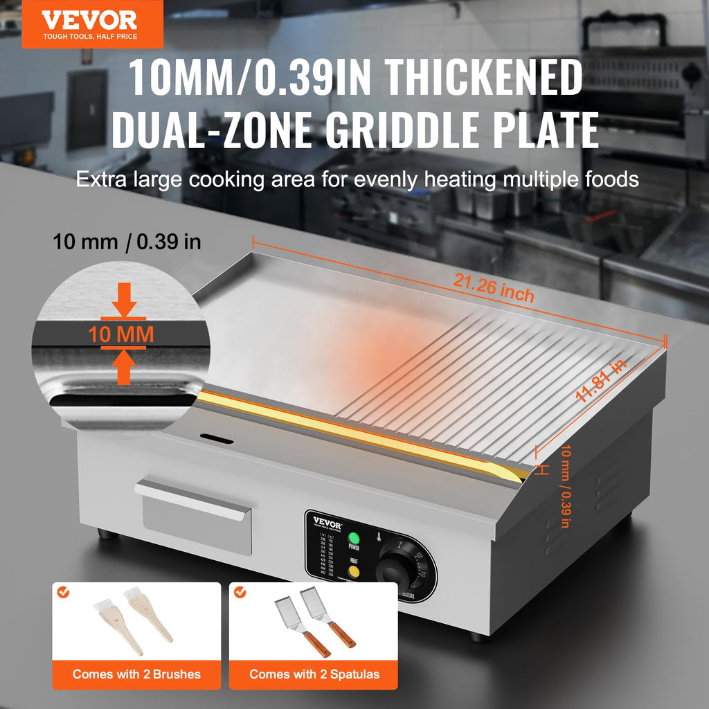 VEVOR Upgraded Commercial Electric Griddle, 2800W Stainless Steel Countertop Flat Top Grill, 26'' Griddle Grill with 2 Shovels and 2 Brushes, 122H