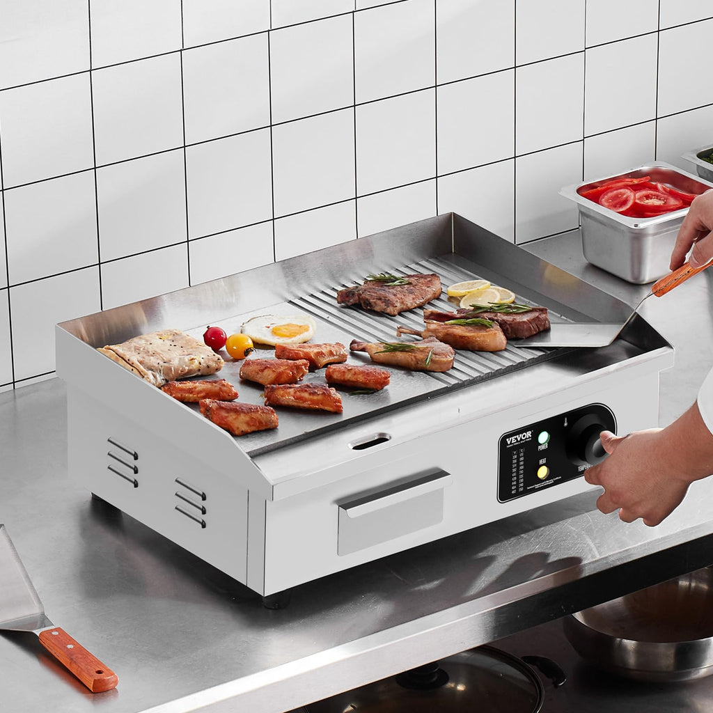 VEVOR Upgraded Commercial Electric Griddle, 2800W Stainless Steel Countertop Flat Top Grill, 26'' Griddle Grill with 2 Shovels and 2 Brushes, 122H