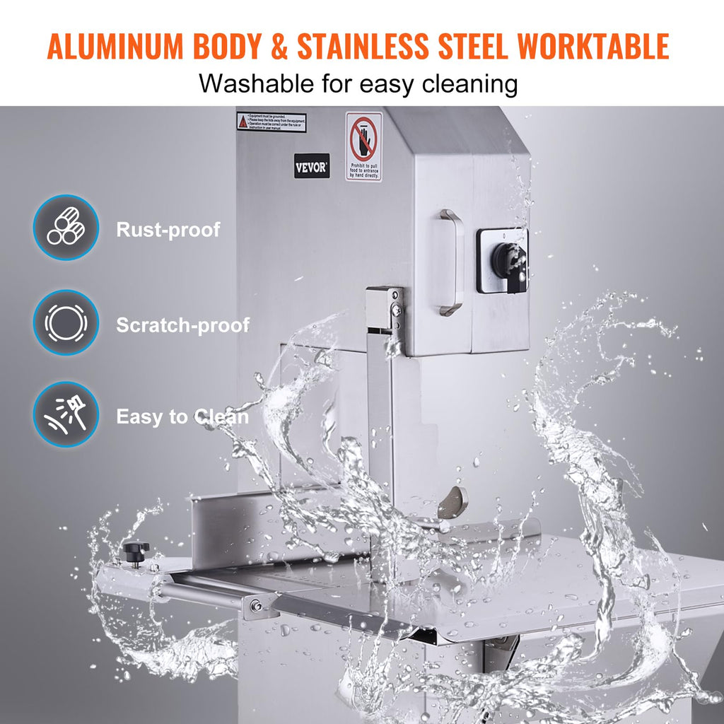 Commercial Electric Meat Bandsaw, 1500W Stainless Steel Countertop Bone Sawing Machine, Workbeach 19.3" x 15", 0.16-7.9 Inch Cutting Thickness