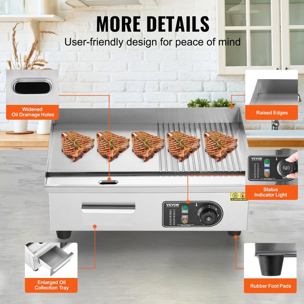 VEVOR Upgraded Commercial Electric Griddle, 2800W Stainless Steel Countertop Flat Top Grill, 26'' Griddle Grill with 2 Shovels and 2 Brushes, 122H