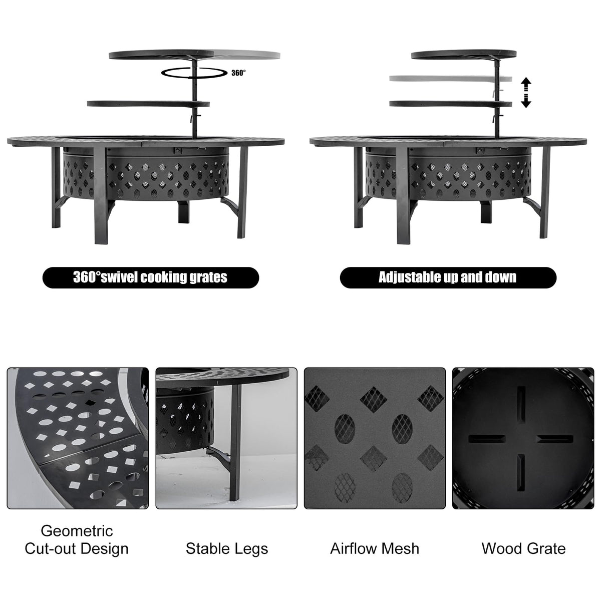 47 Inch Fire Pit with 2 Grills, Wood Burning Fire Pits for Outside with Lid & Poker, BBQ& Outdoor Firepit & Round Metal Table 3 in 1 for Patio