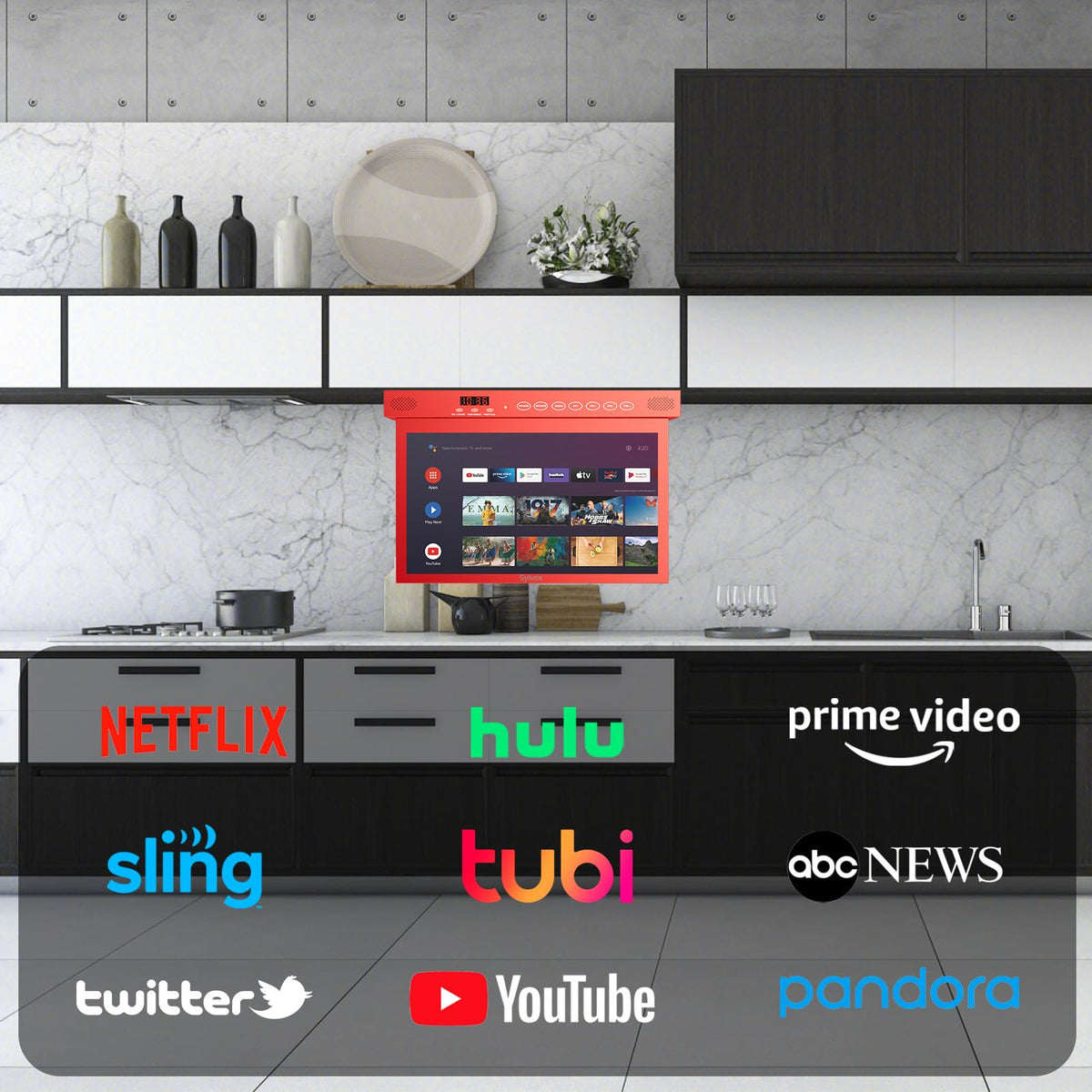 SYLVOX 15.6" Under Cabinet Smart TV C 360 Rotation, 90 Flip-Down Screen, Wireless Connectivity, Space-Saving Design for Kitchen, Bedroom, or RV.