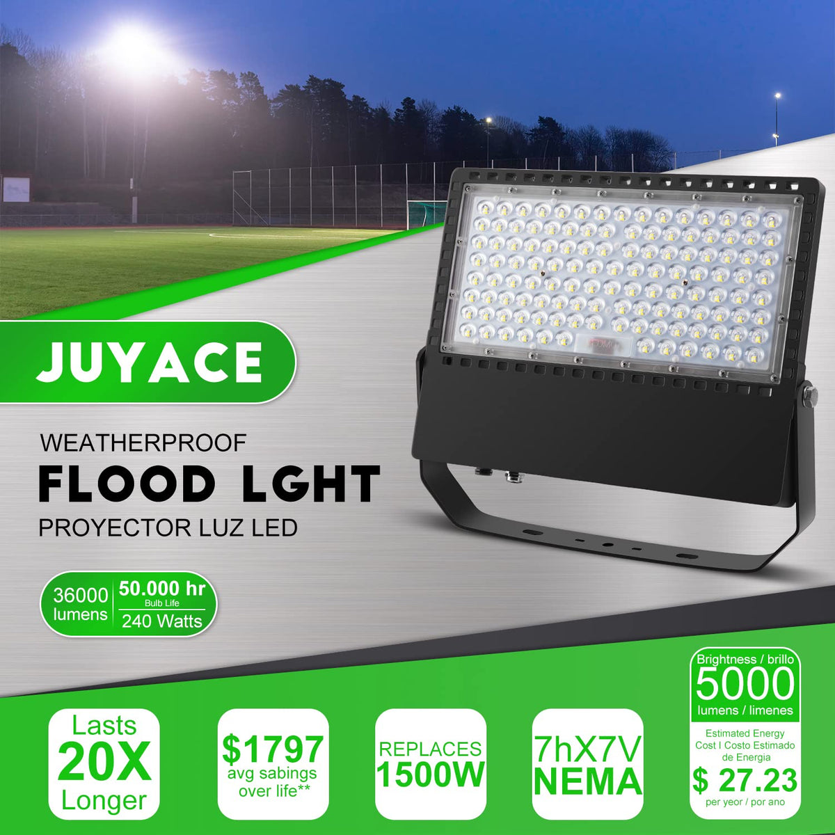 Juyace 240W LED Stadium Lights Outdoor 1500 Watt Equivalent Wider Lighting Angle Led Flood 100-277V 36000LM 5000K Daylight Commercial Arena for