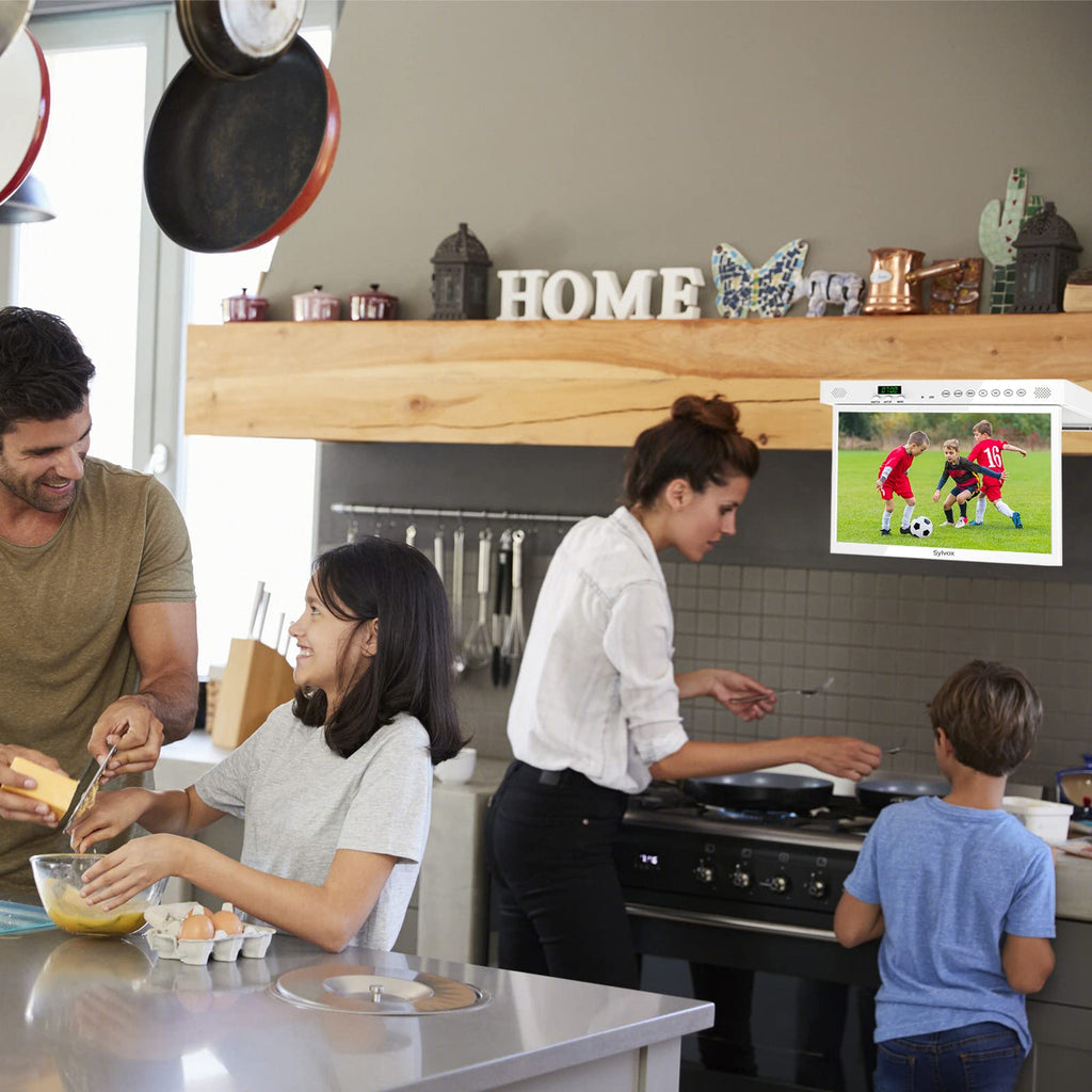 SYLVOX 15.6" Under Cabinet Smart TV C 360 Rotation, 90 Flip-Down Screen, Wireless Connectivity, Space-Saving Design for Kitchen, Bedroom, or RV.