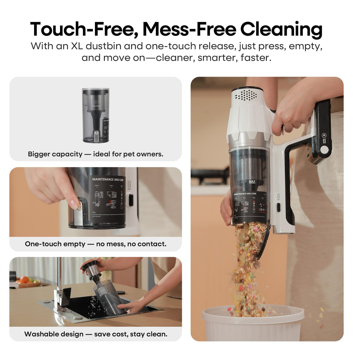 ElecKeys Cordless Vacuum Cleaner, 580W 48KPA 65Mins Vacuum Cleaners for Home, Self-Standing Anti-Tangle Vacuum with LED Display, Rechargeable