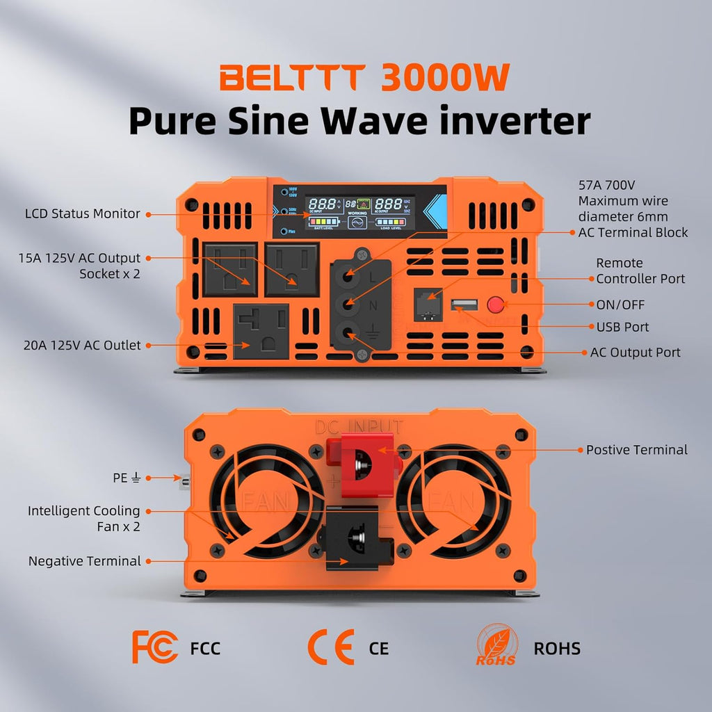BELTTT 3000W Pure Sine Wave Inverter 12V DC to 120V AC for RV, Truck, Off-Grid, Home, Solar Car Power Inverter with Dual AC, 20A Socket, 5V 2.1A USB