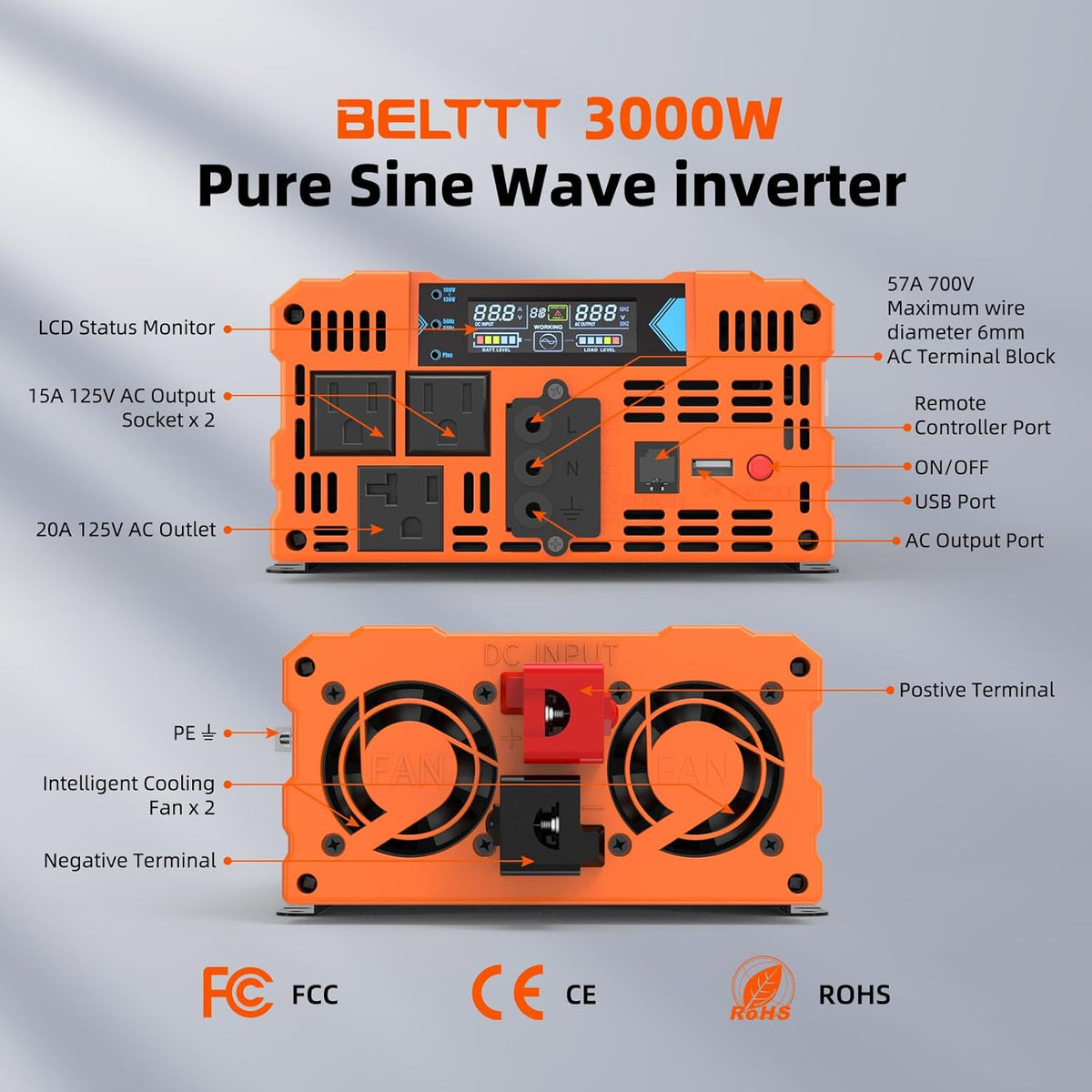 BELTTT 3000W Pure Sine Wave Inverter 12V DC to 120V AC for RV, Truck, Off-Grid, Home, Solar Car Power Inverter with Dual AC, 20A Socket, 5V 2.1A USB
