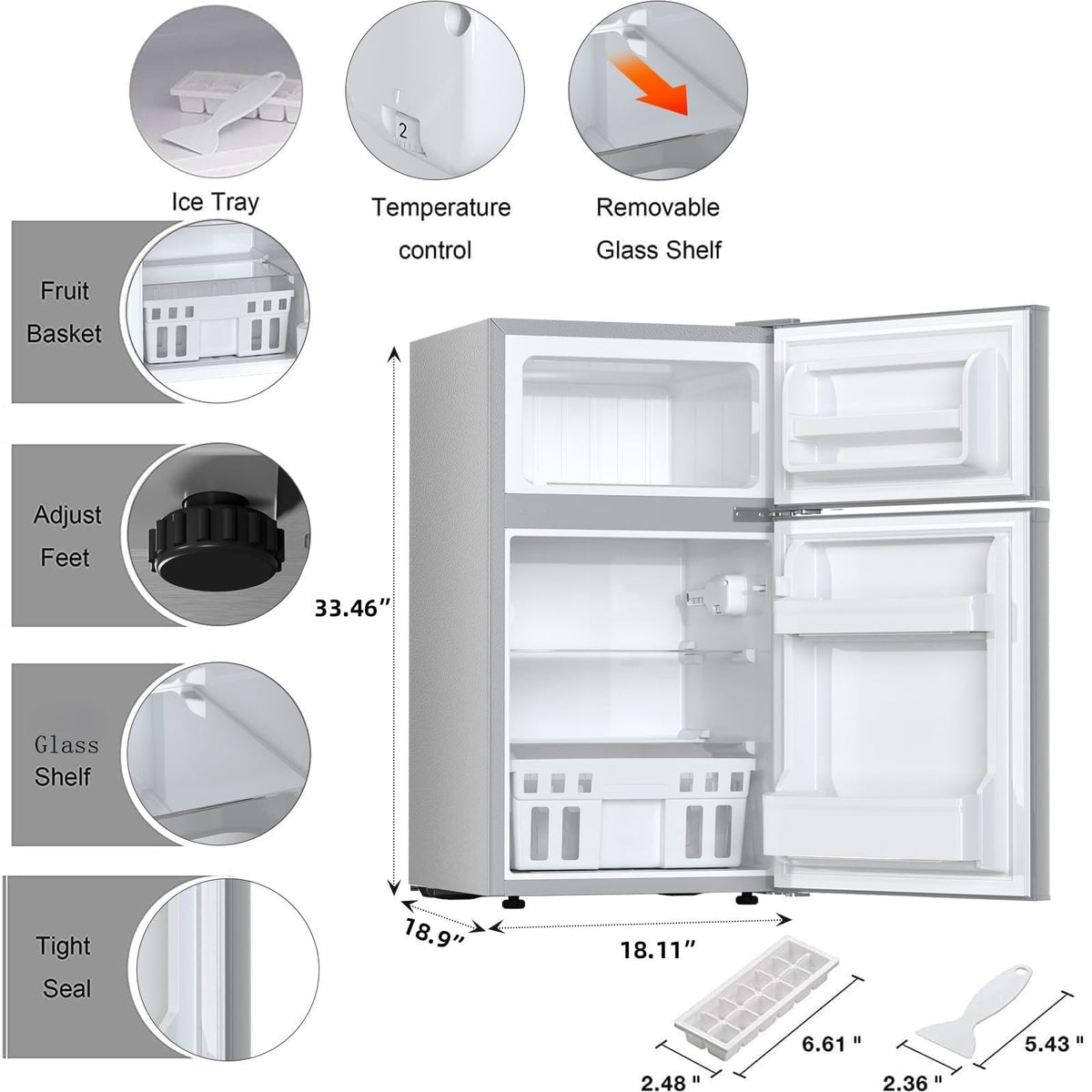 Antarctic Star Compact Refrigerator,3.2 Cu.Ft. Mini Separate Freezer Double 2-Door,Adjustable Removable Shelves for Basement,Apartment,Dorm,Office