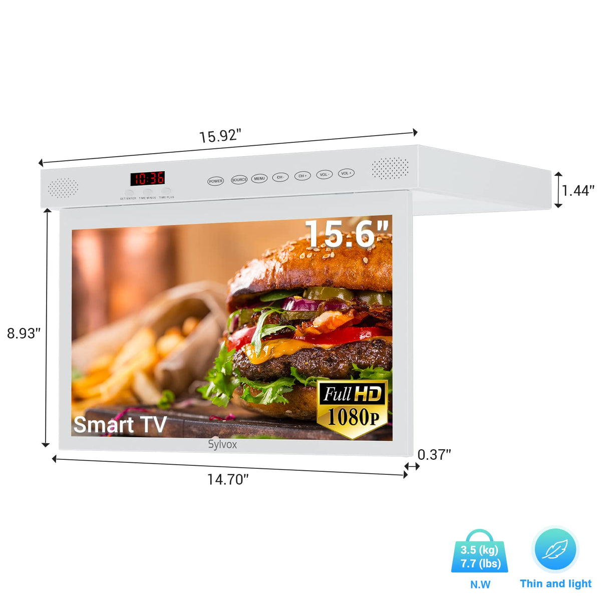 SYLVOX 15.6" Kitchen TV, 1080P FHD Under Cabinet TV with App Store, Voice Assistant, Chromecast, 12-Volt for Small Spaces, Kitchen, Bedroom, RV
