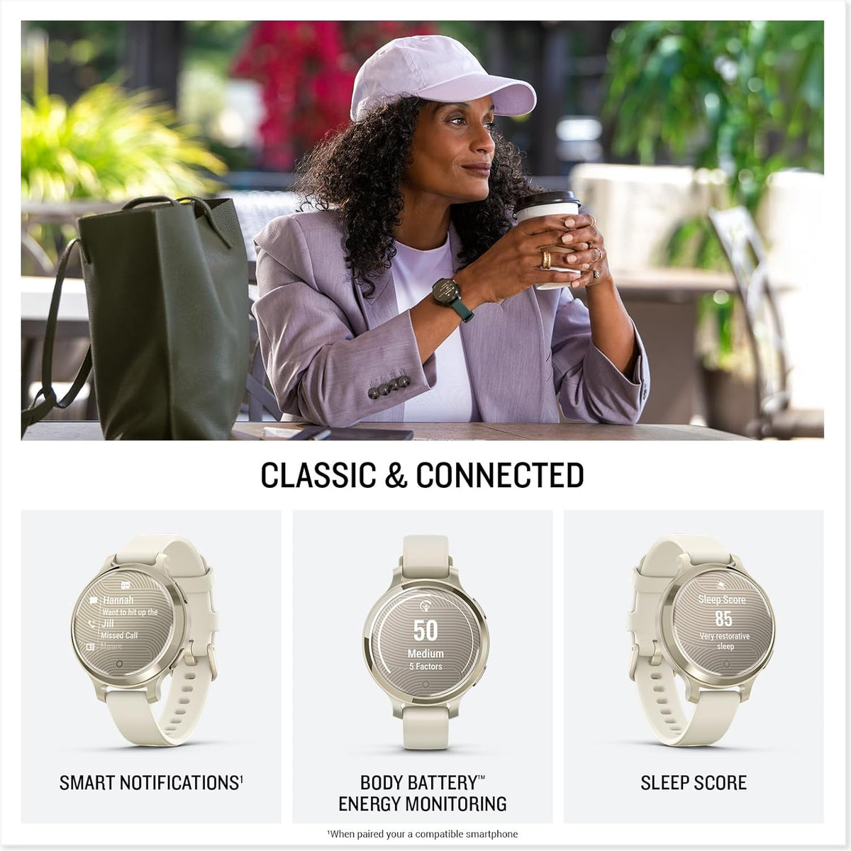 Garmin Lily® 2 Active, Small and Stylish Smartwatch, Built-in GPS, Hidden Display, Patterned Lens, Up to 9 Days Battery Life, Lunar Gold with