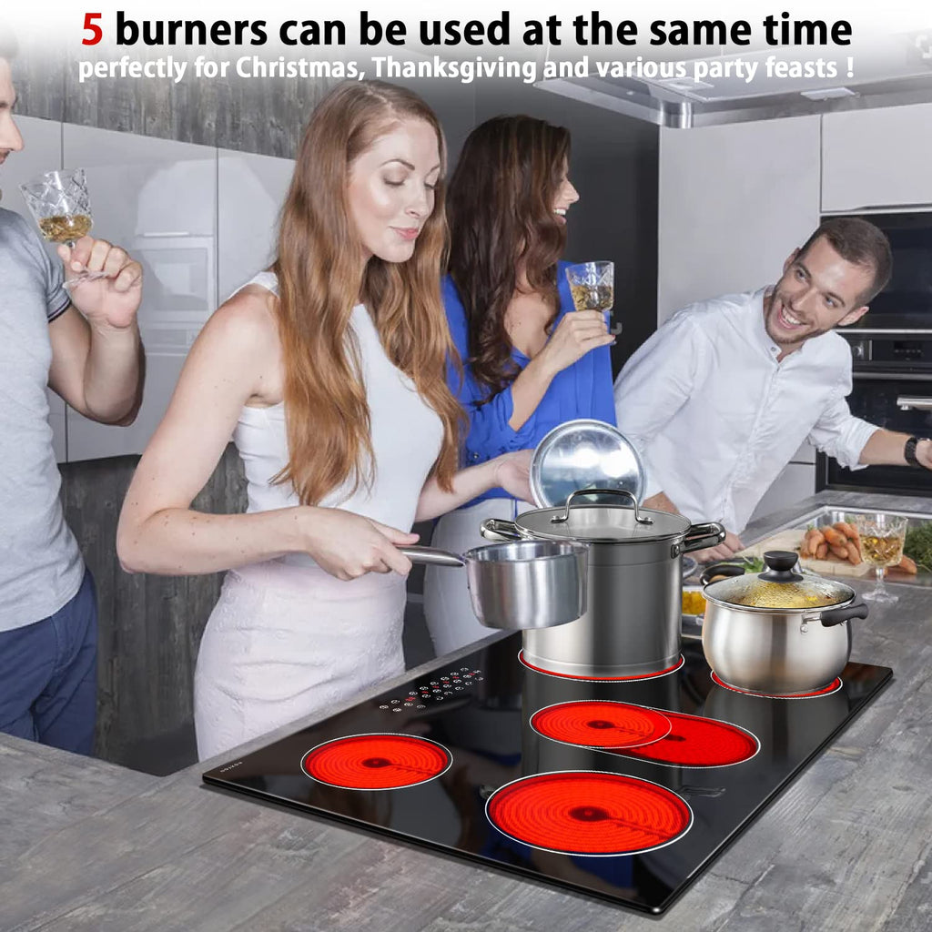 Noxton Electric Cooktop 30 Inch 5 Burners Electric Stove Top, Built-in Radiant Ceramic Cooktop with Sensor Touch Control, Child Safety Lock, Timer