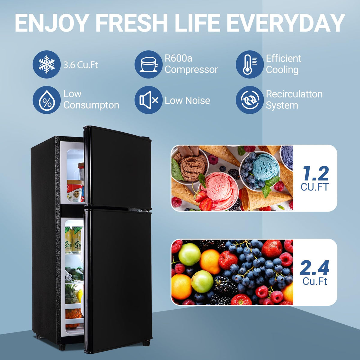 3.3 Cu. Ft. Mini Fridge with Freezer, Compact Refrigerator with Adjustable 7-Level Thermostat, Dorm Fridge for Kichen, RV, Office, Apartment, Black