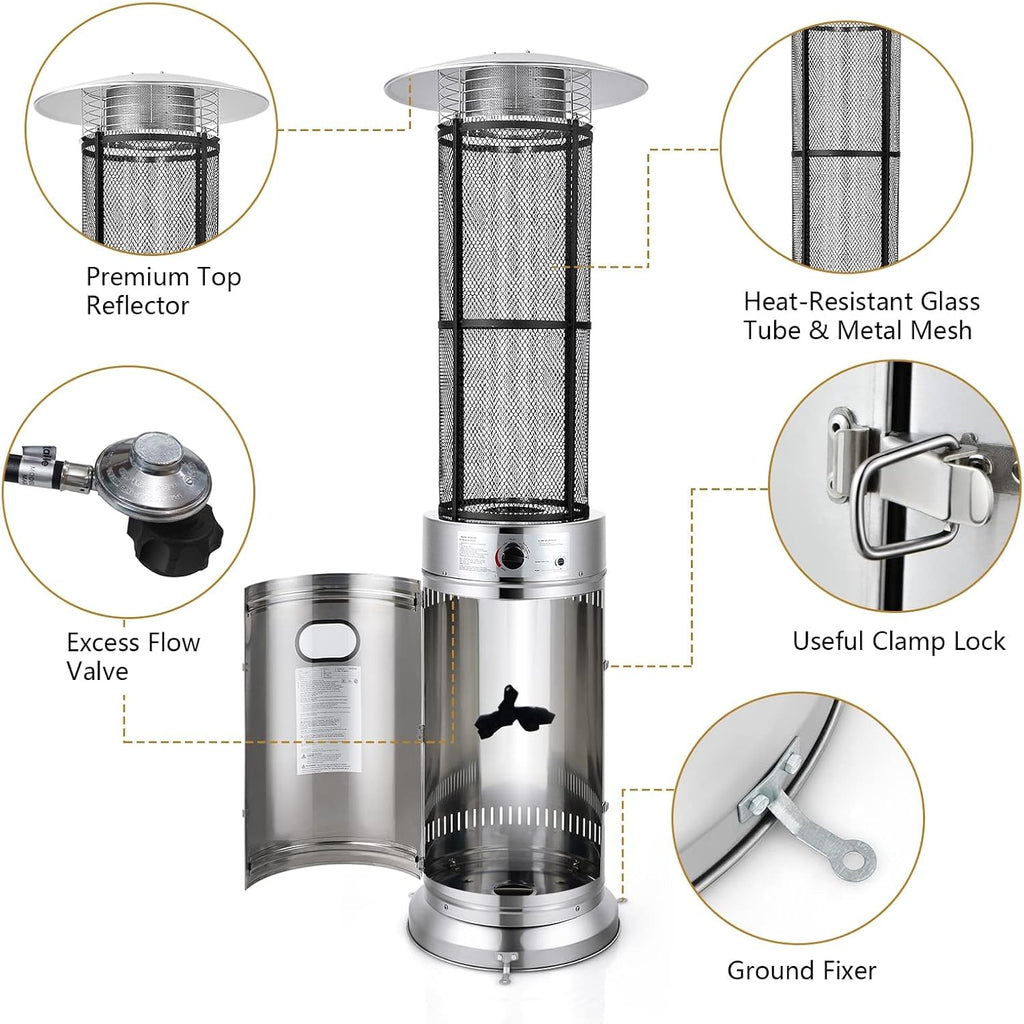 COSTWAY Outdoor Propane Patio Heater, 40,000 BTU Propane Heater with Dancing Flame, Portable Wheels, Stainless Steel Pyramid Floor-Standing Outdoor