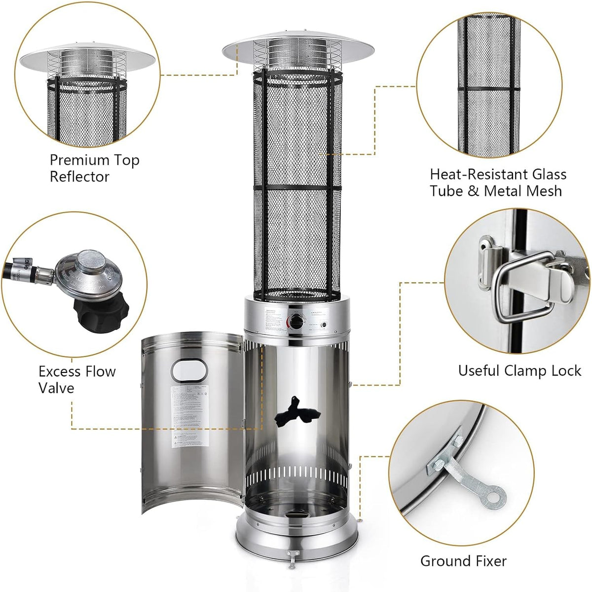 COSTWAY Outdoor Propane Patio Heater, 40,000 BTU Propane Heater with Dancing Flame, Portable Wheels, Stainless Steel Pyramid Floor-Standing Outdoor