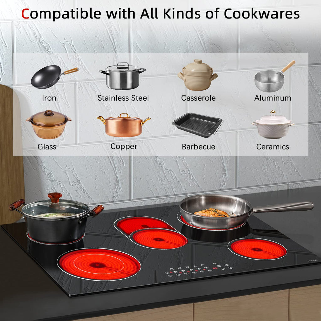 Noxton Electric Cooktop 30 Inch 5 Burners Electric Stove Top, Built-in Radiant Ceramic Cooktop with Sensor Touch Control, Child Safety Lock, Timer