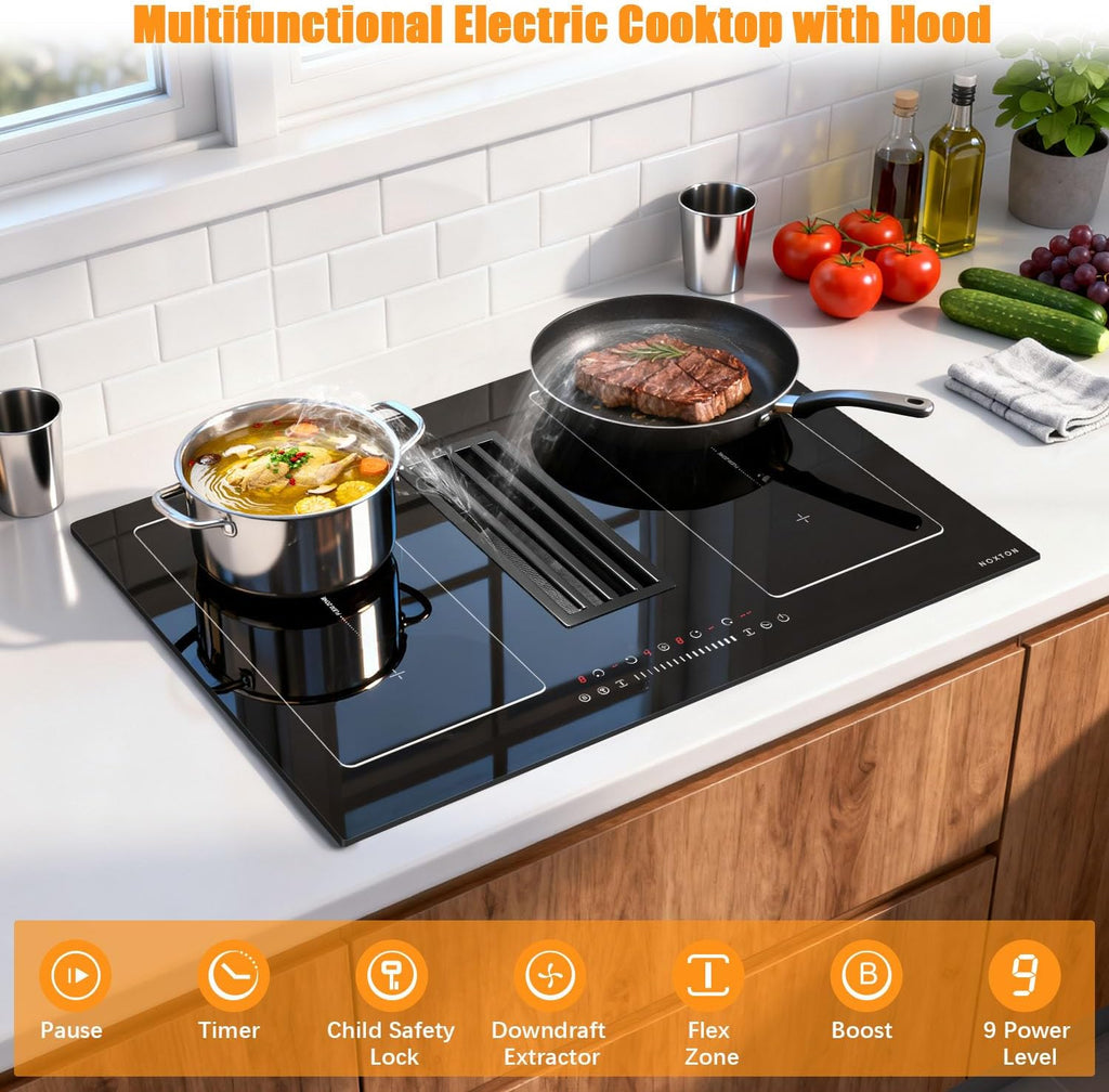 Noxton 24 Inch Induction Cooktop, 4 Burners Electric Cooktop, Upgraded Induction Stovetop with Flex Zone, Power Boost, Pause, 9 Power Levels, Child