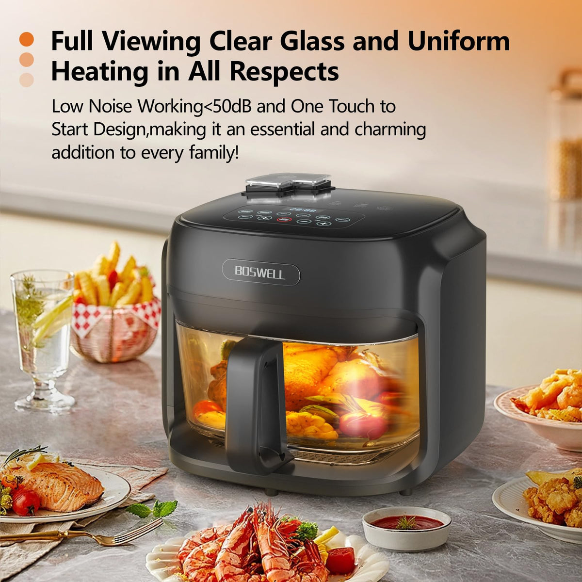 BOSWELL Glass Air Fryer, 7.5QT Borosilicate Bowl with Circulating Heat, Digital Touchscreen, 400F Max Temp, Oil-Free Fryer with Mist Function
