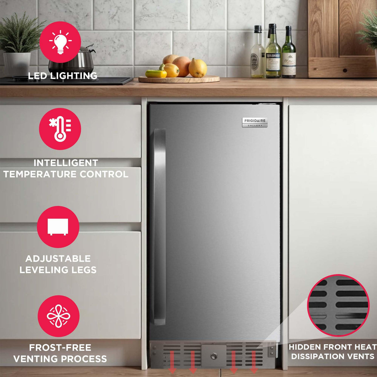 Frigidaire 3 Cu Ft Capacity built in fridge, under counter, frost free, Stainless Steel
