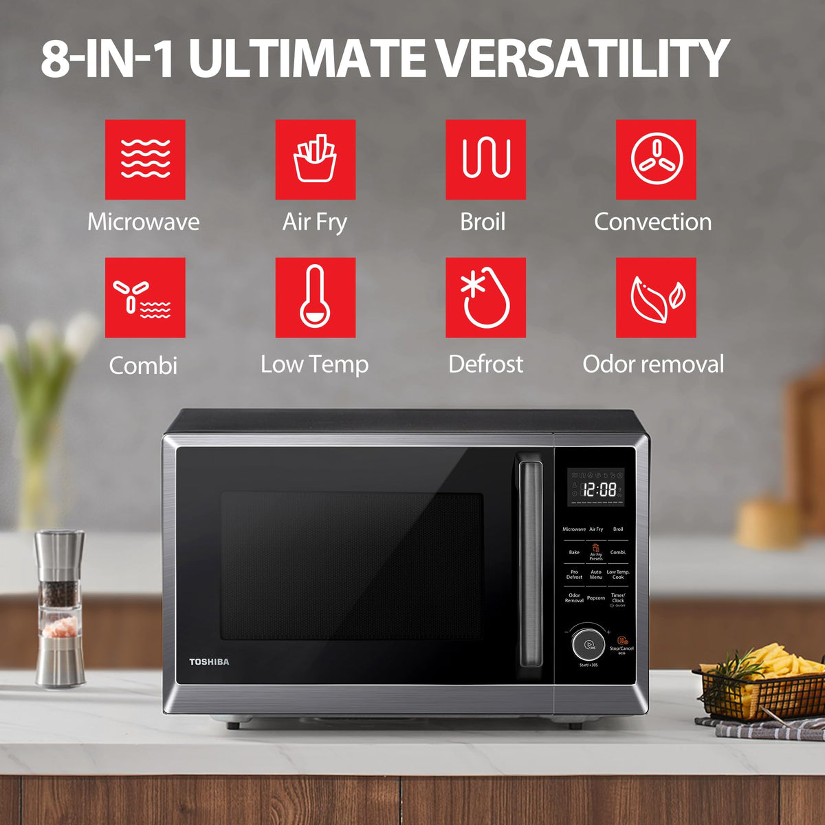 TOSHIBA Air Fryer Combo 8-in-1 Countertop Microwave Oven, with Convection, Broil, Odor Removal Mode, 12.4" Position Memory Turntable, Child-Lock, 1.0