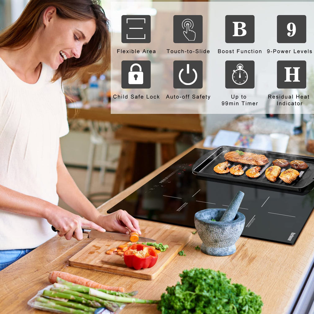 Karinear 24 Inch Induction Cooktop 3 Burners, 6800W Built-in Induction Stovetop with Flex Zone,Child Safety Lock, Timer, Boost, Slider Control Black