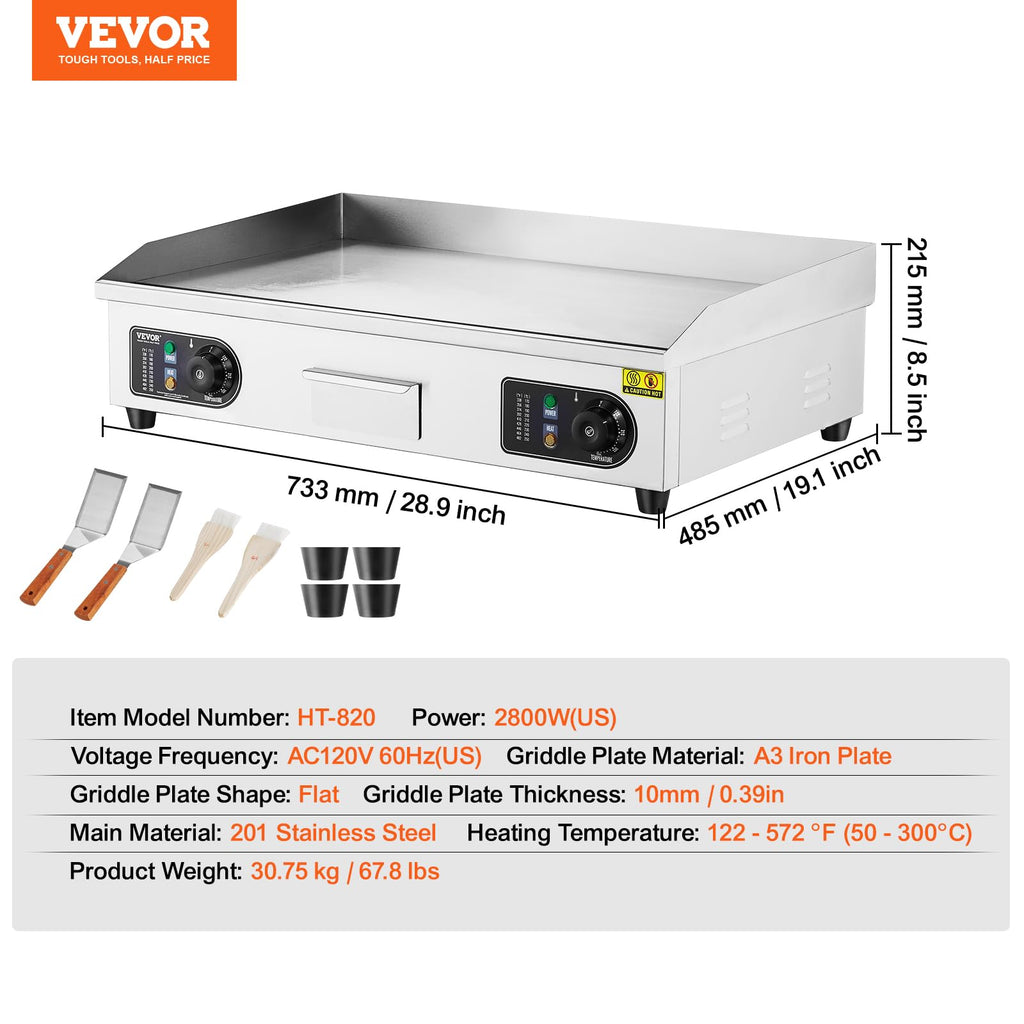 VEVOR Upgraded Commercial Electric Griddle, 2800W Stainless Steel Countertop Flat Top Grill, 26'' Griddle Grill with 2 Shovels and 2 Brushes, 122H