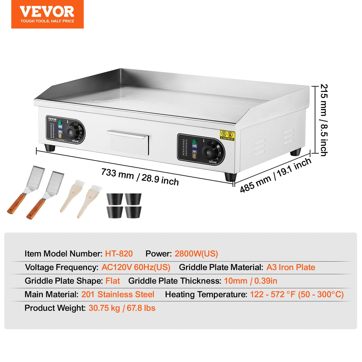 VEVOR Upgraded Commercial Electric Griddle, 2800W Stainless Steel Countertop Flat Top Grill, 26'' Griddle Grill with 2 Shovels and 2 Brushes, 122H