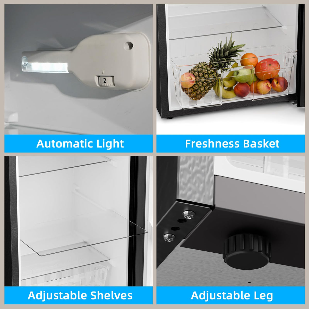 Antarctic Star Compact Refrigerator,4.5 Cu.Ft. Mini Separate Freezer Double 2-Door Adjustable Removable Shelves for Apartment/Dorm/Office,GREY