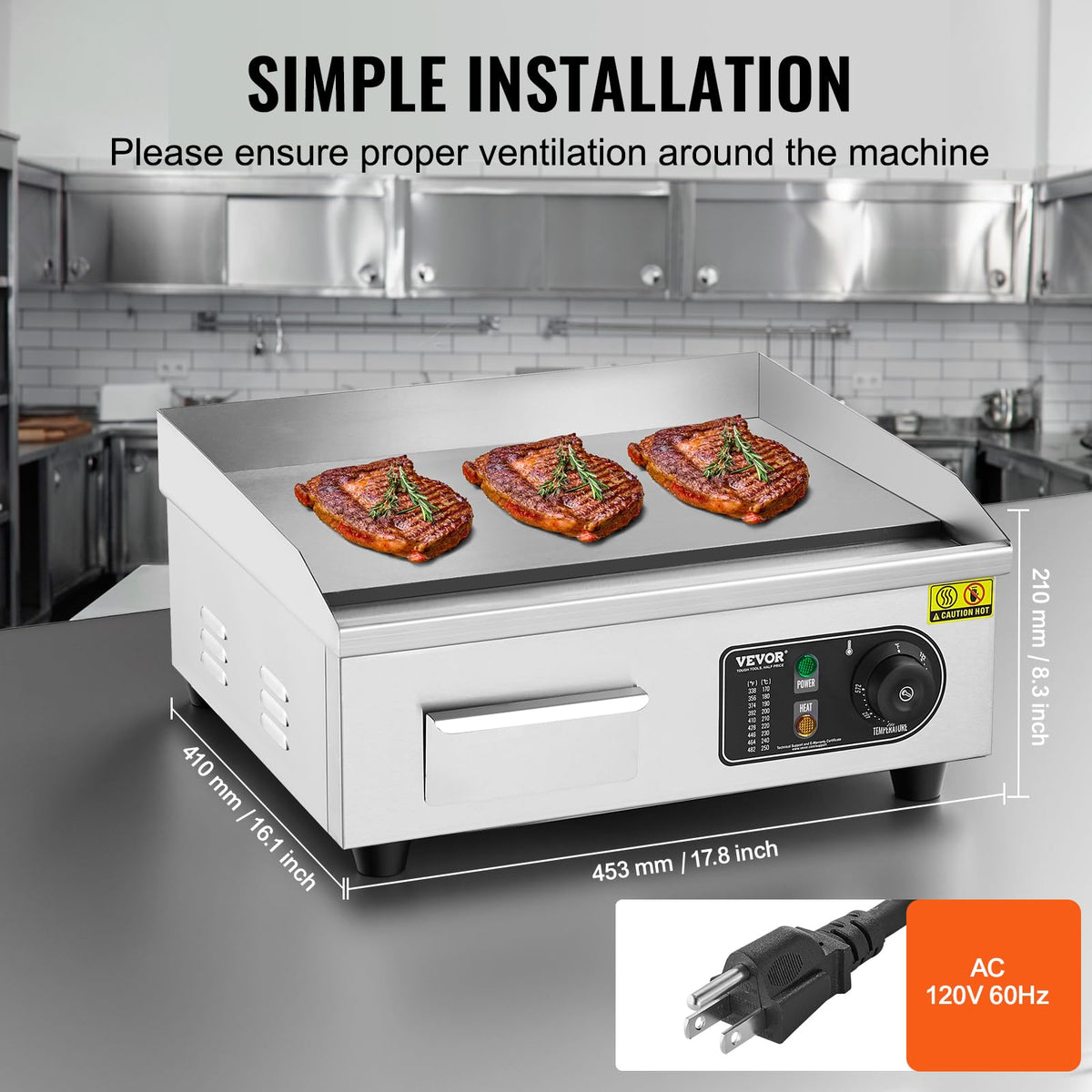 VEVOR Upgraded Commercial Electric Griddle, 2800W Stainless Steel Countertop Flat Top Grill, 26'' Griddle Grill with 2 Shovels and 2 Brushes, 122H