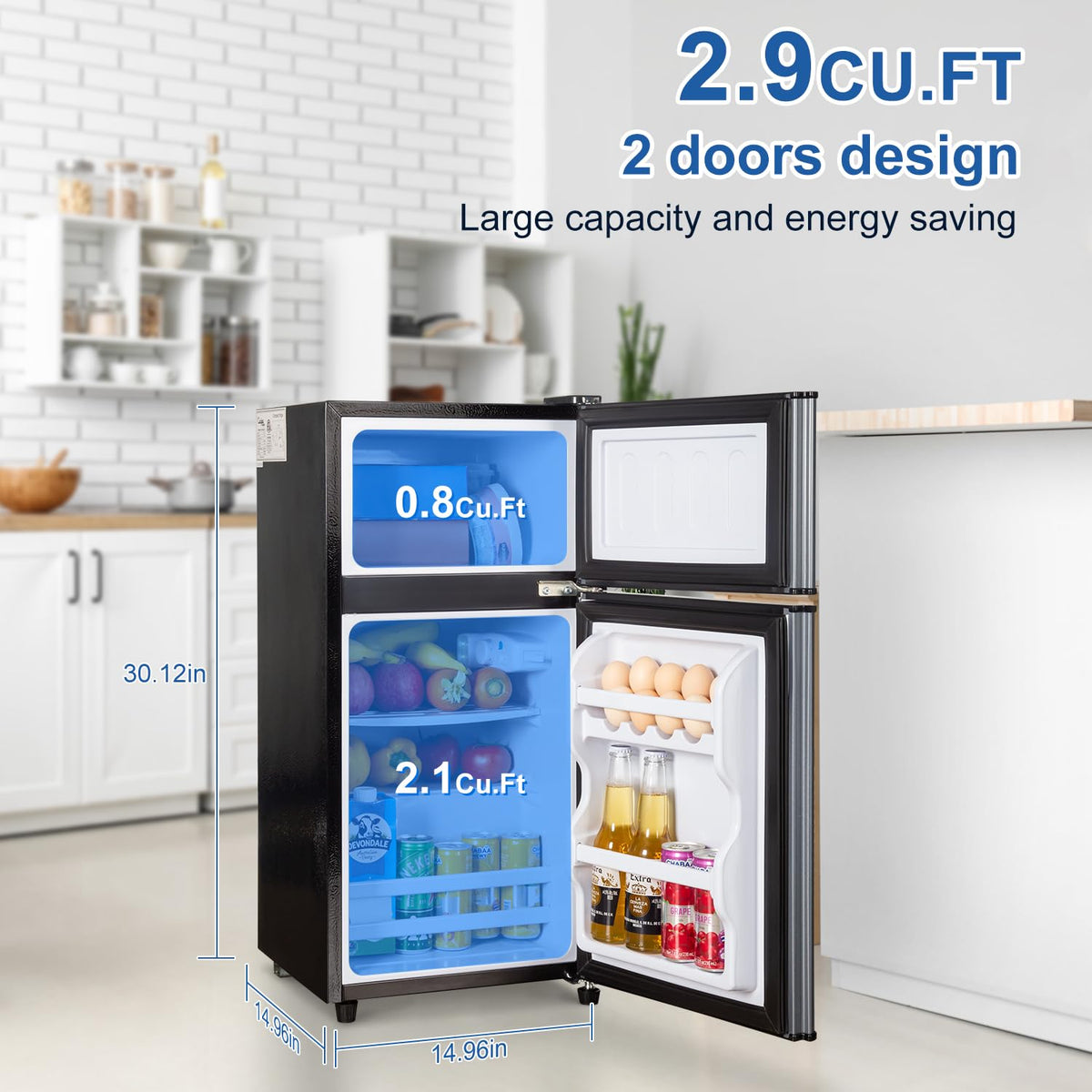 4.2 Cu Ft Mini Fridge for Bedroom, 2 Door Small Fridge, 7 Level Thermostat, LED Light, Small Refrigerator for Bedroom, Office, Dorm