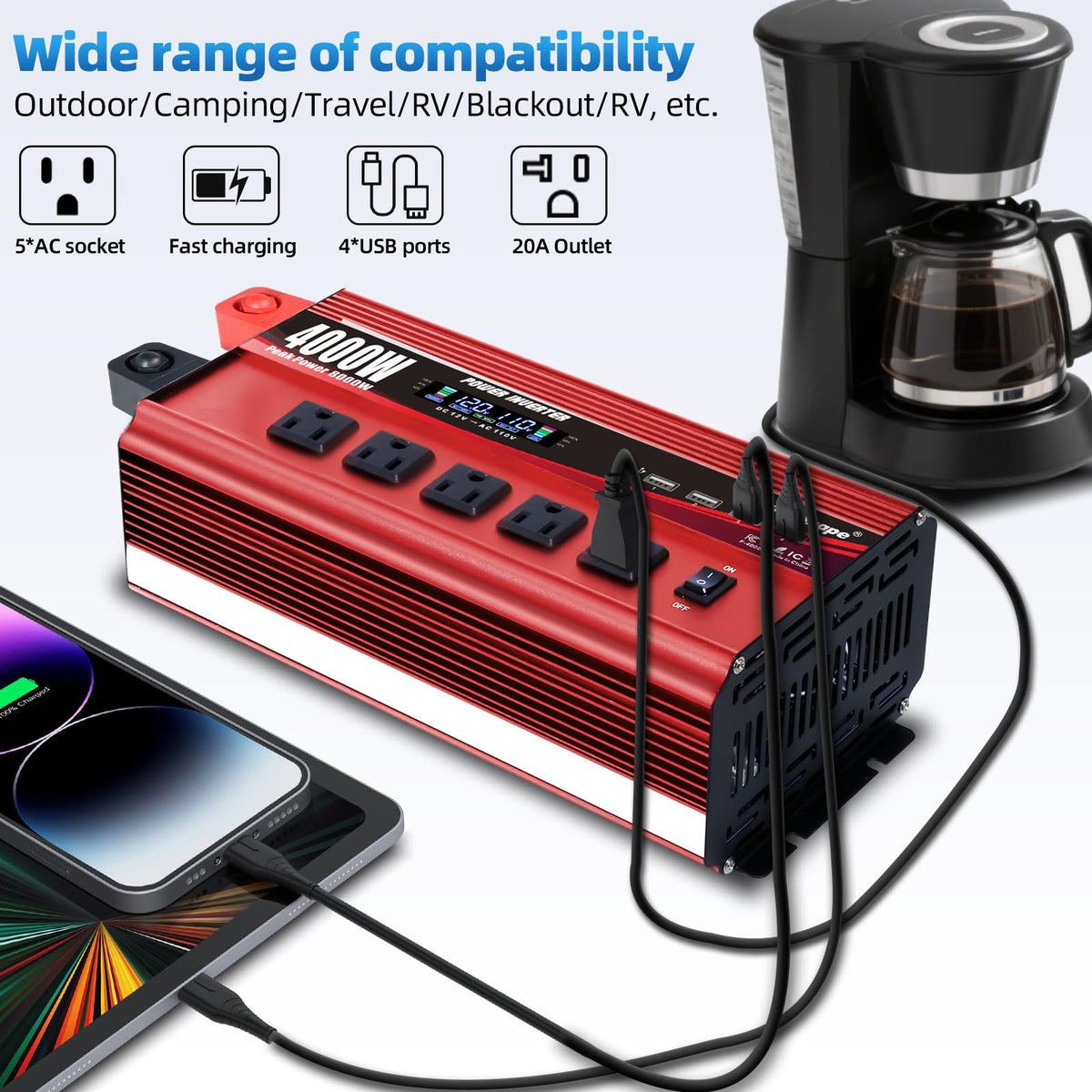 4000W Power Inverter 12V to 110V/120V DC to AC with LCD Display, Remote Controller 5 x AC Outlets and 4 x 3.1A USB Car Adapter for Car Truck Boat RV