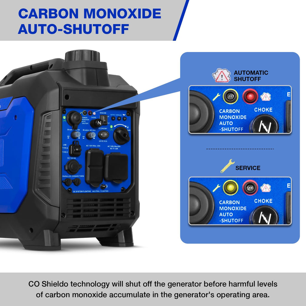 BILT HARD Gas Generator 2500W, 80cc 4 Stroke Quiet Inverter Generator with CO Sensor, Parallel Ready,120V AC Duplex Receptacle and 12V DC Output