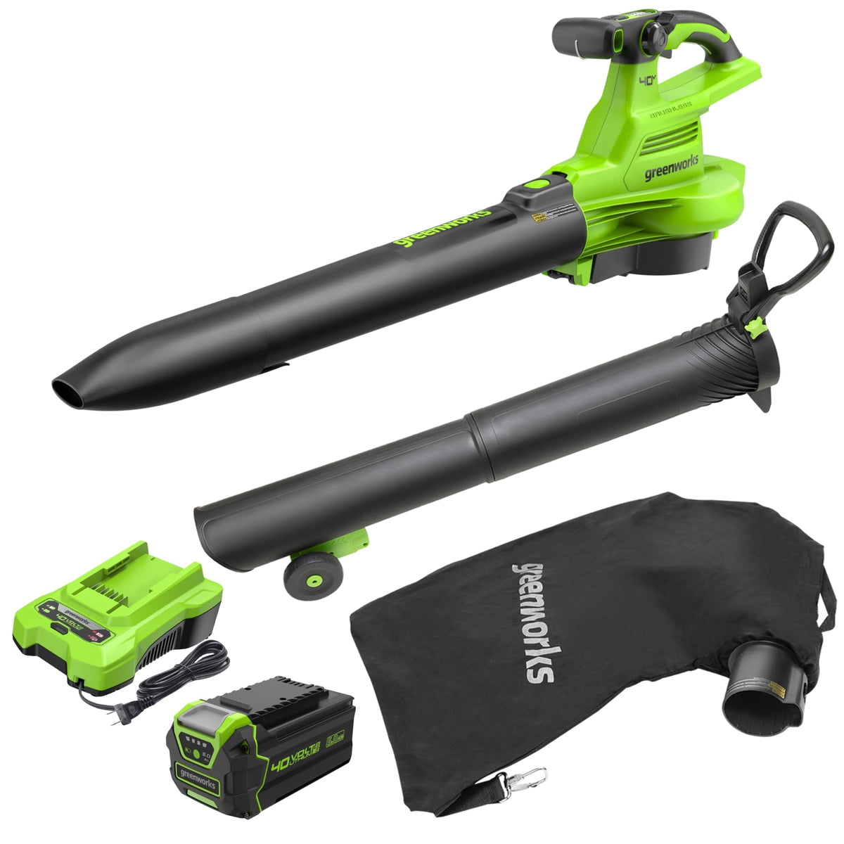 Greenworks 40V (230 MPH / 505 CFM) Cordless Brushless Leaf Blower/Vacuum with Bag, High Power, Lightweight & Quiet for Yard Debris Cleanup, Includes