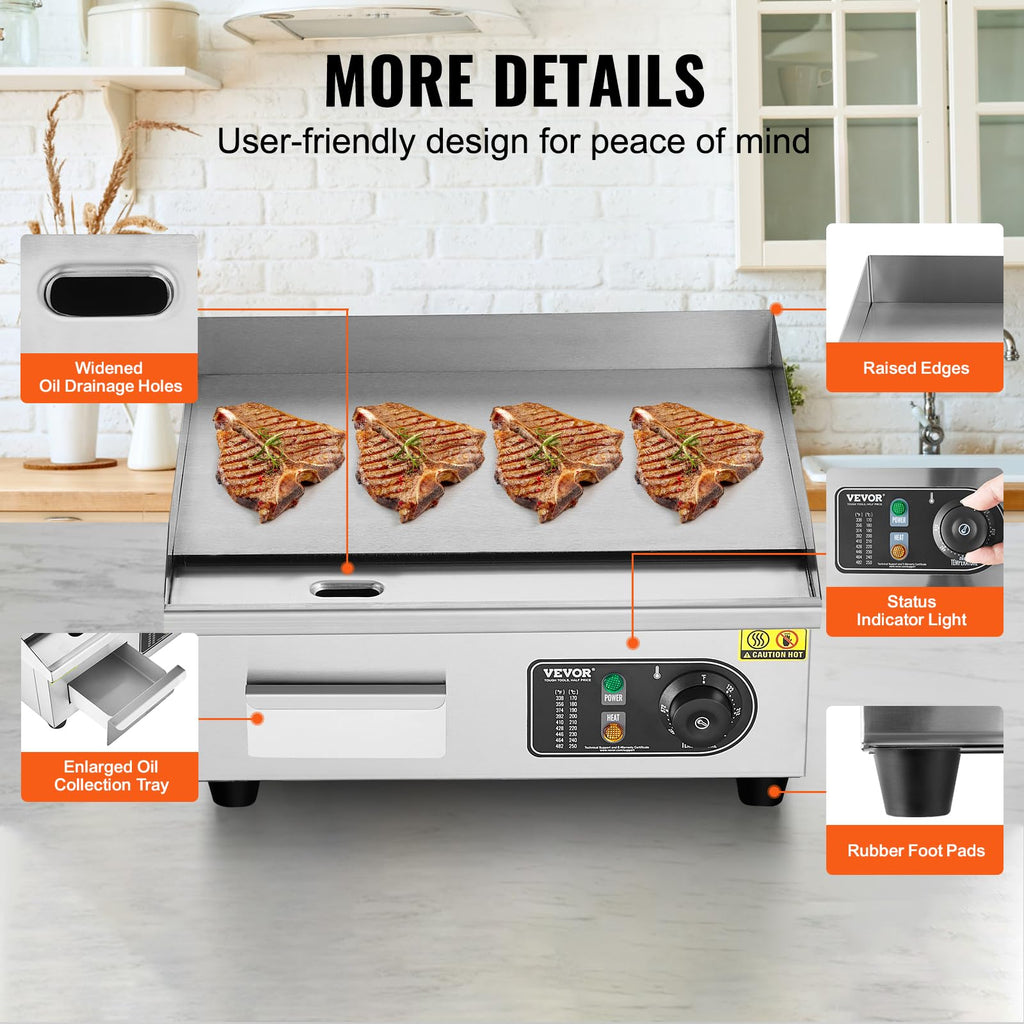 VEVOR Upgraded Commercial Electric Griddle, 2800W Stainless Steel Countertop Flat Top Grill, 26'' Griddle Grill with 2 Shovels and 2 Brushes, 122H