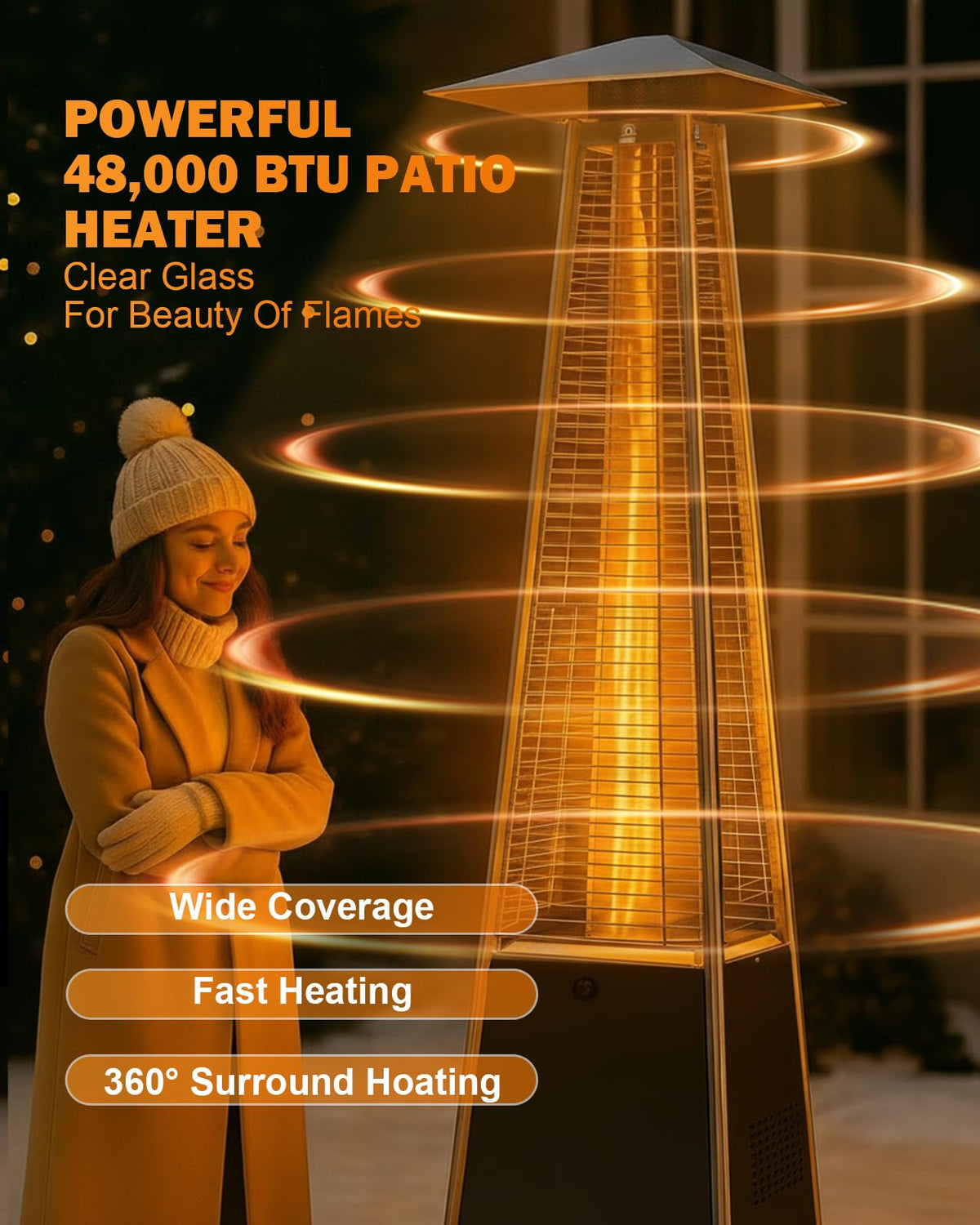 Pyramid Patio Heater, 48000 BTU Fast Heating Outdoor Heater for Large Spaces with Wheels & Weatherproof Cover, Triple Protection System for
