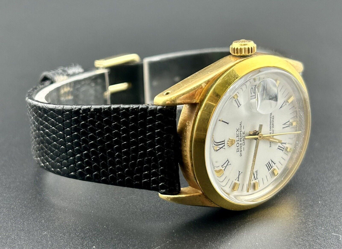 Perpetual 15505 Watch Gold Rolex Date Dial Shell Oyster Vintage White 34mm Men's