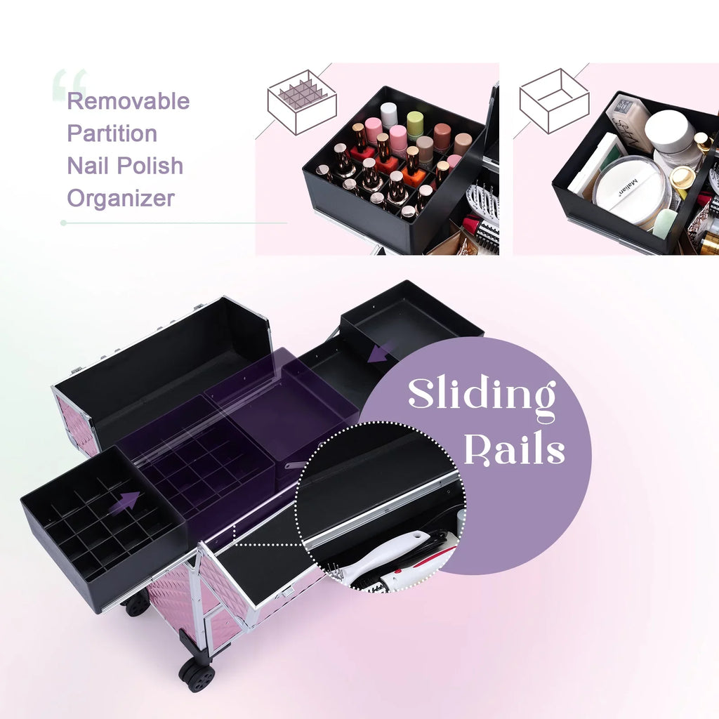 Trolley Professional Rolling Makeup Drawers, with Cosmetic Pink Joligrace Case