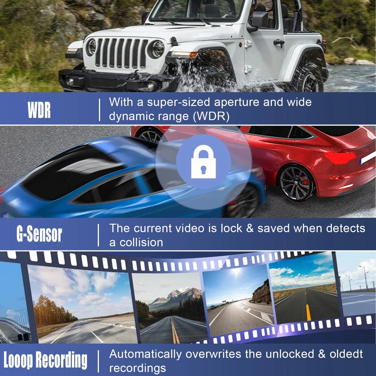 1080P 2" Dash G-sensor Recorder Front/Rear/Inside Dual Video Lens Camera Car HD