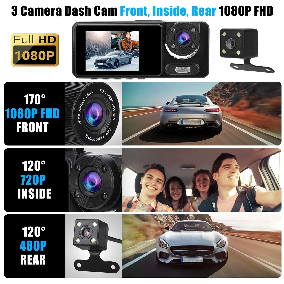 1080P 2" Dash G-sensor Recorder Front/Rear/Inside Dual Video Lens Camera Car HD