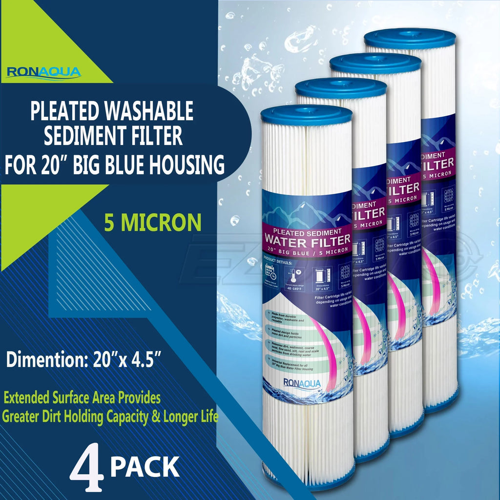 Life Housing, of Rust, & for Blue Removes Silt, Reusable Blue 4) Washable Extended 20" Filter 5 Dirt, Surface Amplified Sediment Sand, Big Pleated (Set Micron by Ronaqua Filter Area, Big