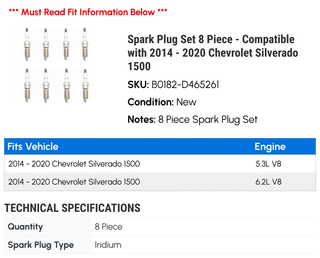 '- 1500 Silverado Spark 2014 Compatible with 2019 Chevy 2016 Piece Set 2017 Plug - 2018 8 2015 2020