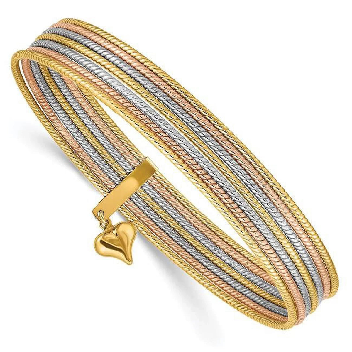Heart Bangle of Set Textured Slip-On 14K with - Oversized Bracelet 7 Tri-Color Dangle